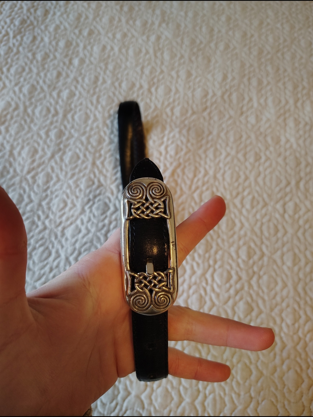 Black Leather Belt with Ornate Silver Celtic Buckle